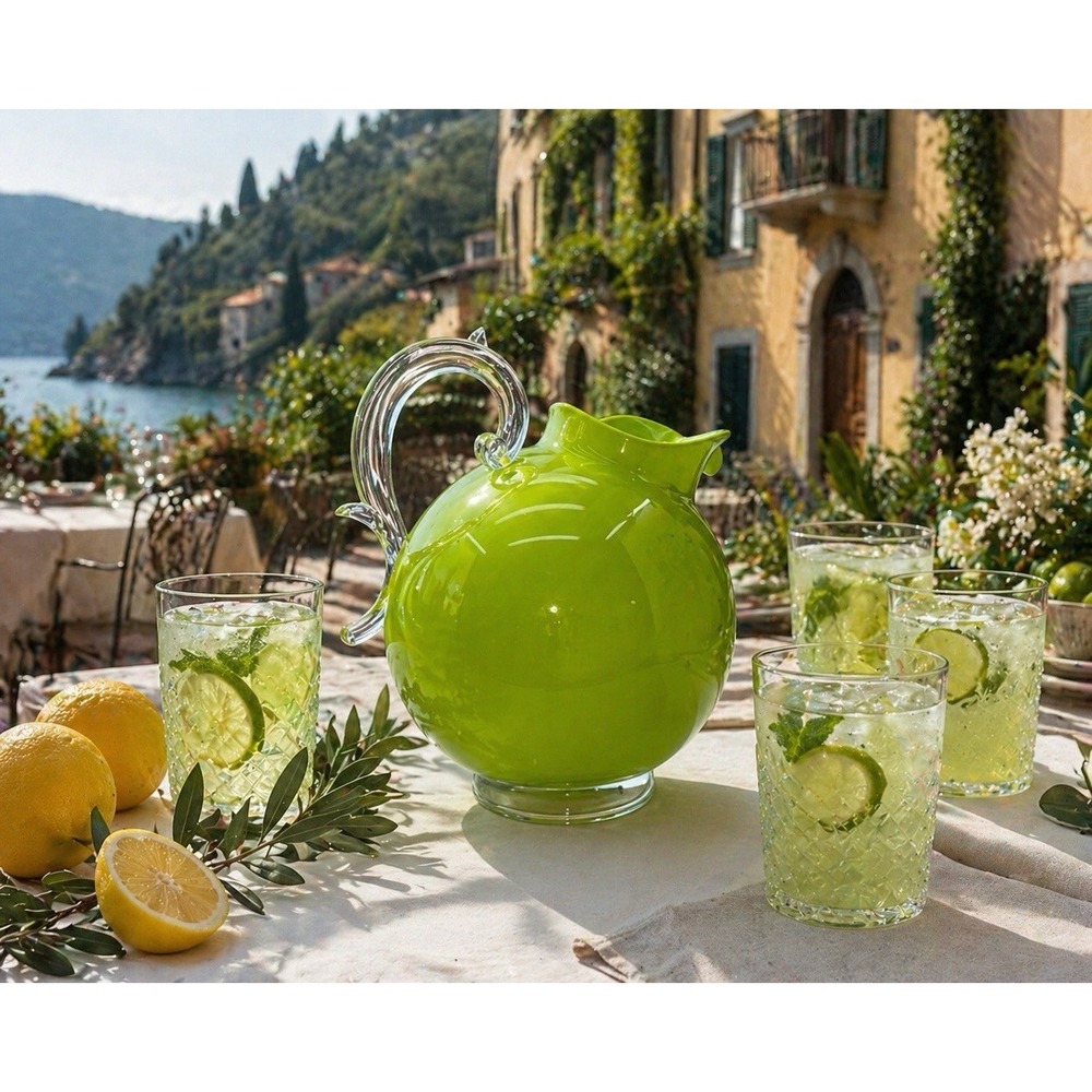 Italian Rare Designer Baci Milano Acrylic Verde Pitcher Lime Bar Cart Palm Beach